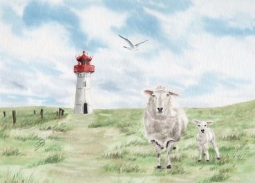 Postkarte DIN-A6  Aquarell Kunst Maritim Druck Kunstdruck Leuchtturm List Sylt Nordsee Meer Strand Dünen Schafe